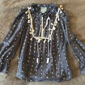 Maeve (Anthropologie) Navy Blouse with White Embroidered Floral Accents